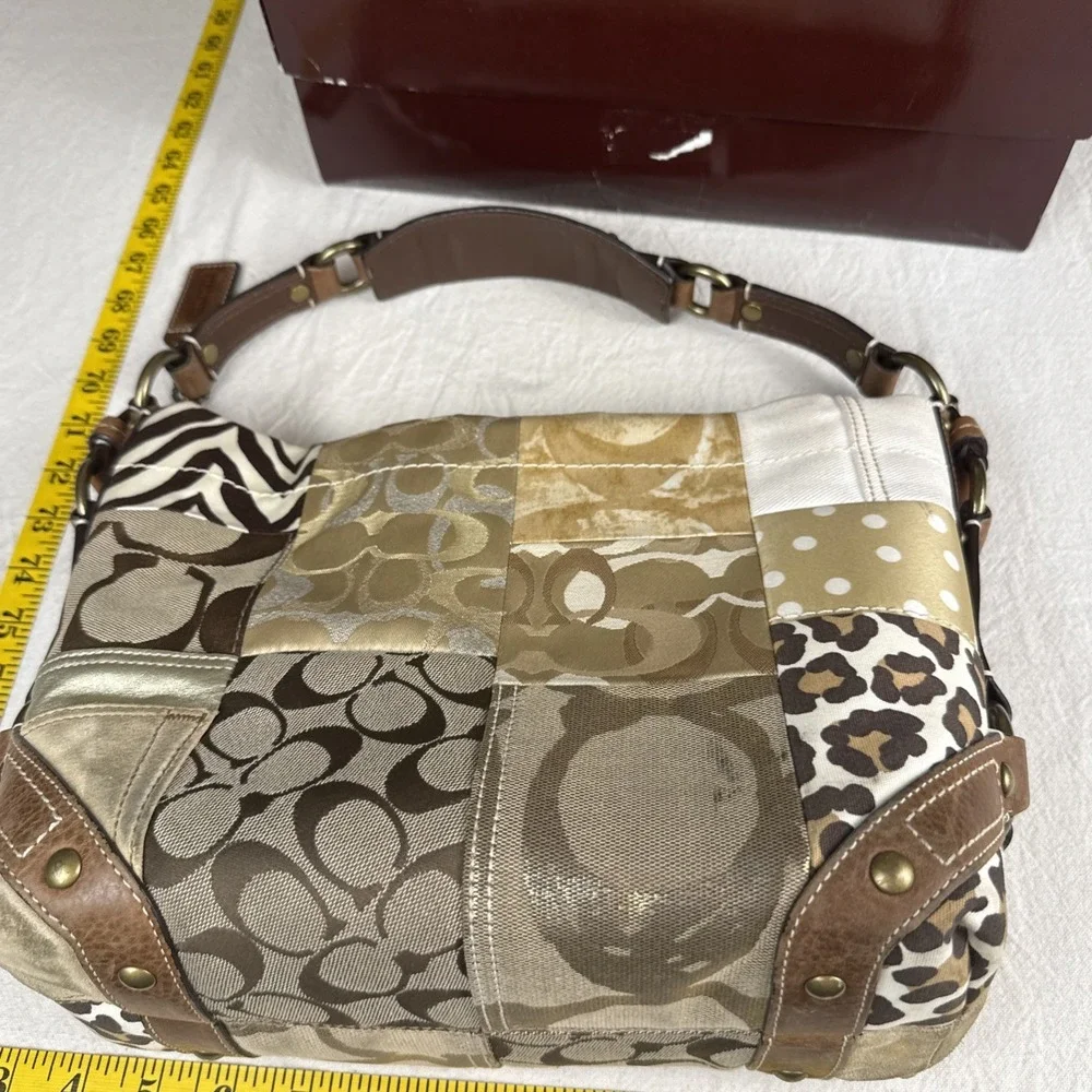 Vintage Coach 11496 Carly Brown Patchwork Jacquard Hobo Shoulder Bag Leopard
